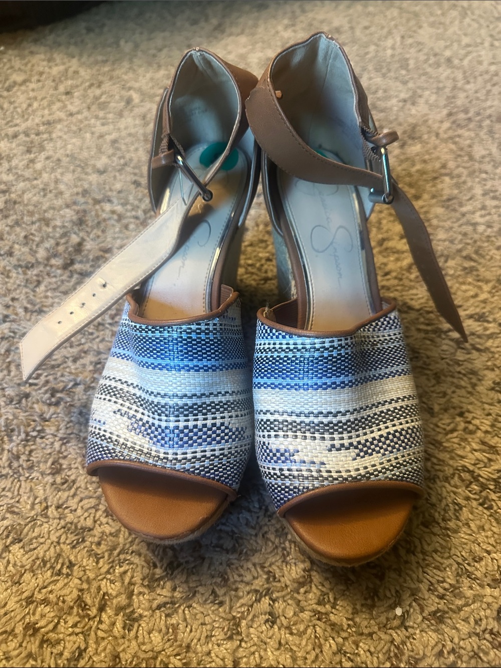 Jessica Simpson Blue and Brown Striped Woven Peep-Toe Wedge Sandals
